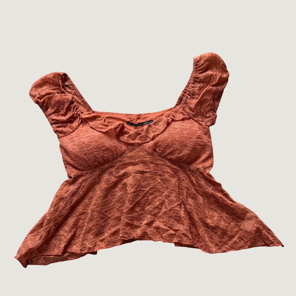 Lace Peplum Top Medium Ruffle Puff Sleeve Terracotta Boho